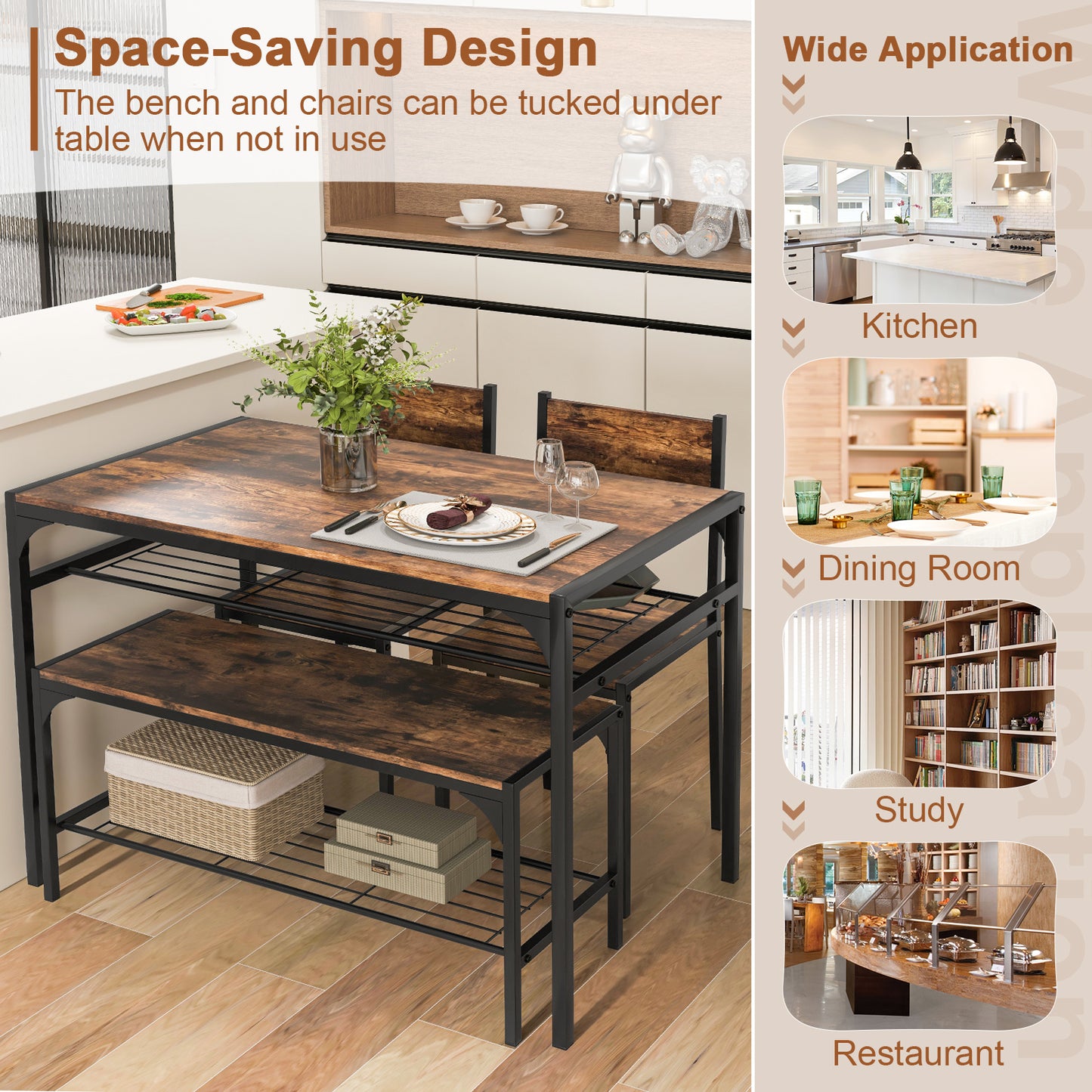 4-Piece Industrial Dining Set with Table Bench and Chairs Rustic Brown Finish with Storage Shelves