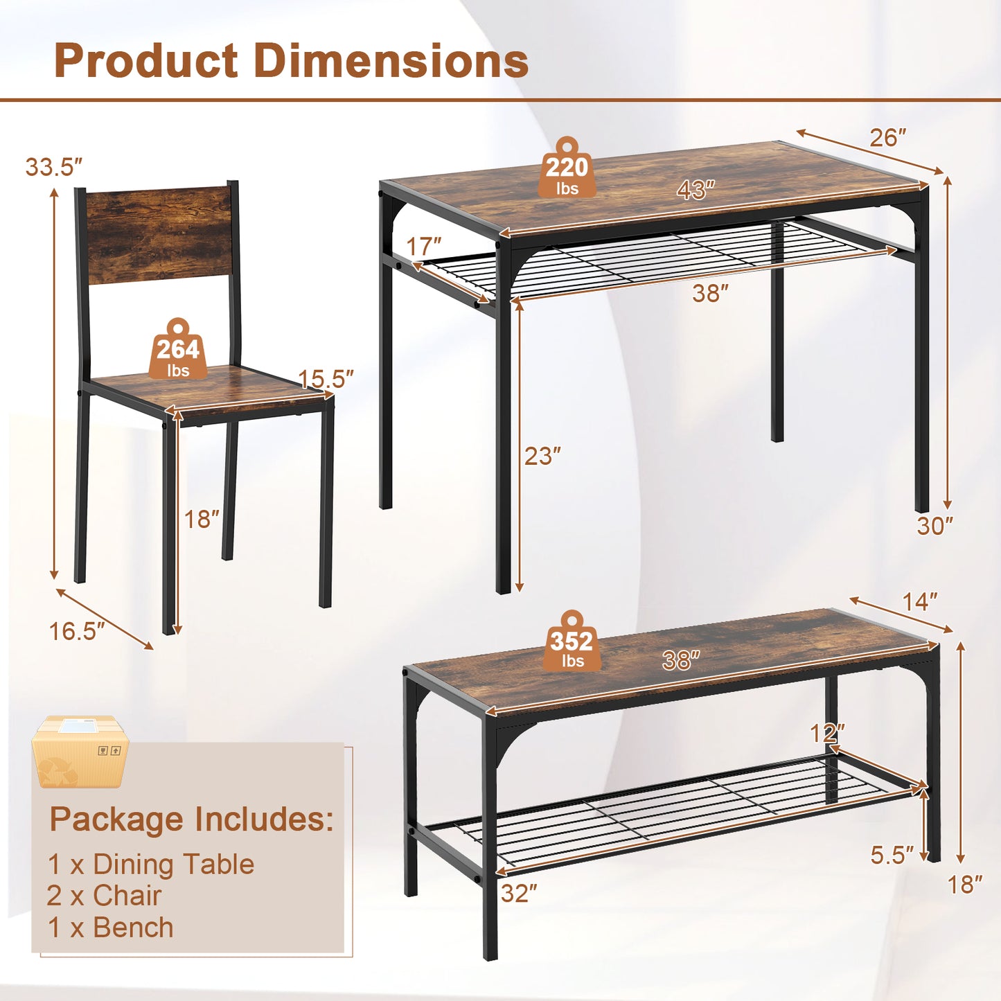 4-Piece Industrial Dining Set with Table Bench and Chairs Rustic Brown Finish with Storage Shelves