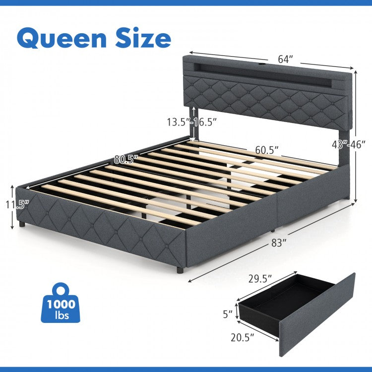 Modern Upholstered Bed Frame with LED Headboard Storage and Wood Slat Support - Full & Queen Size