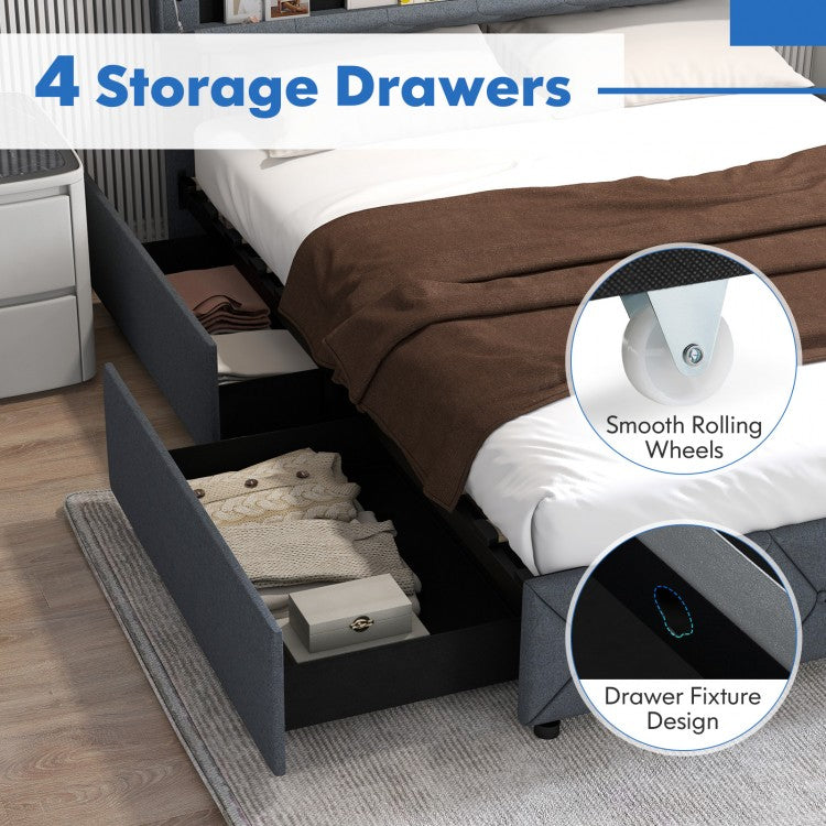 Modern Upholstered Bed Frame with LED Headboard Storage and Wood Slat Support - Full & Queen Size