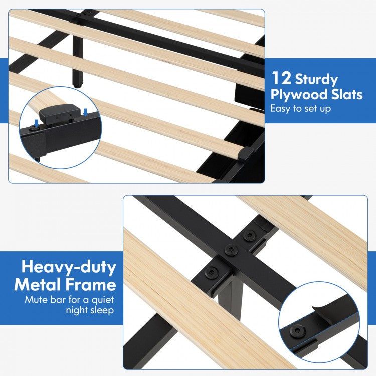 Modern Upholstered Bed Frame with LED Headboard Storage and Wood Slat Support - Full & Queen Size