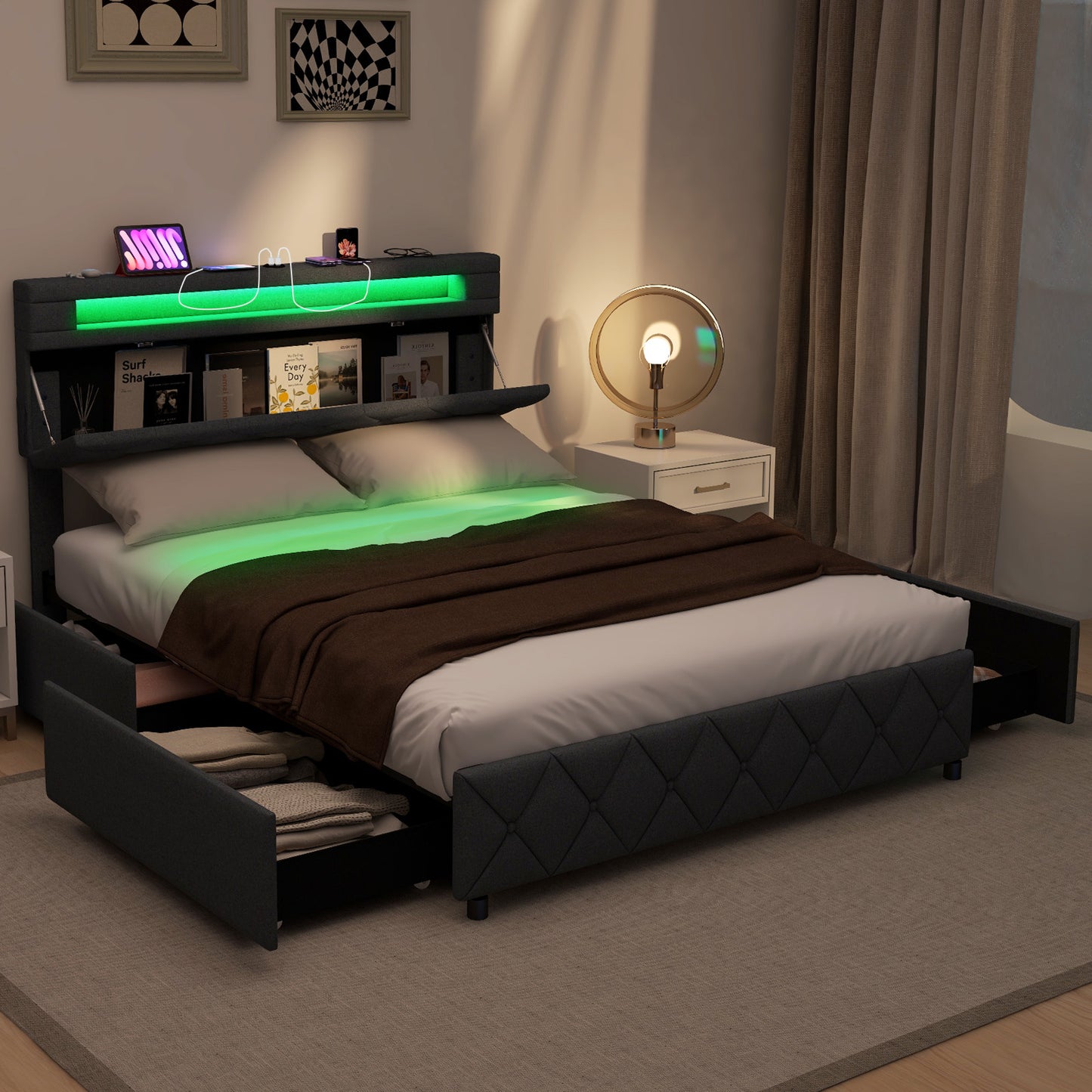 Modern Upholstered Bed Frame with LED Headboard Storage and Wood Slat Support - Full & Queen Size