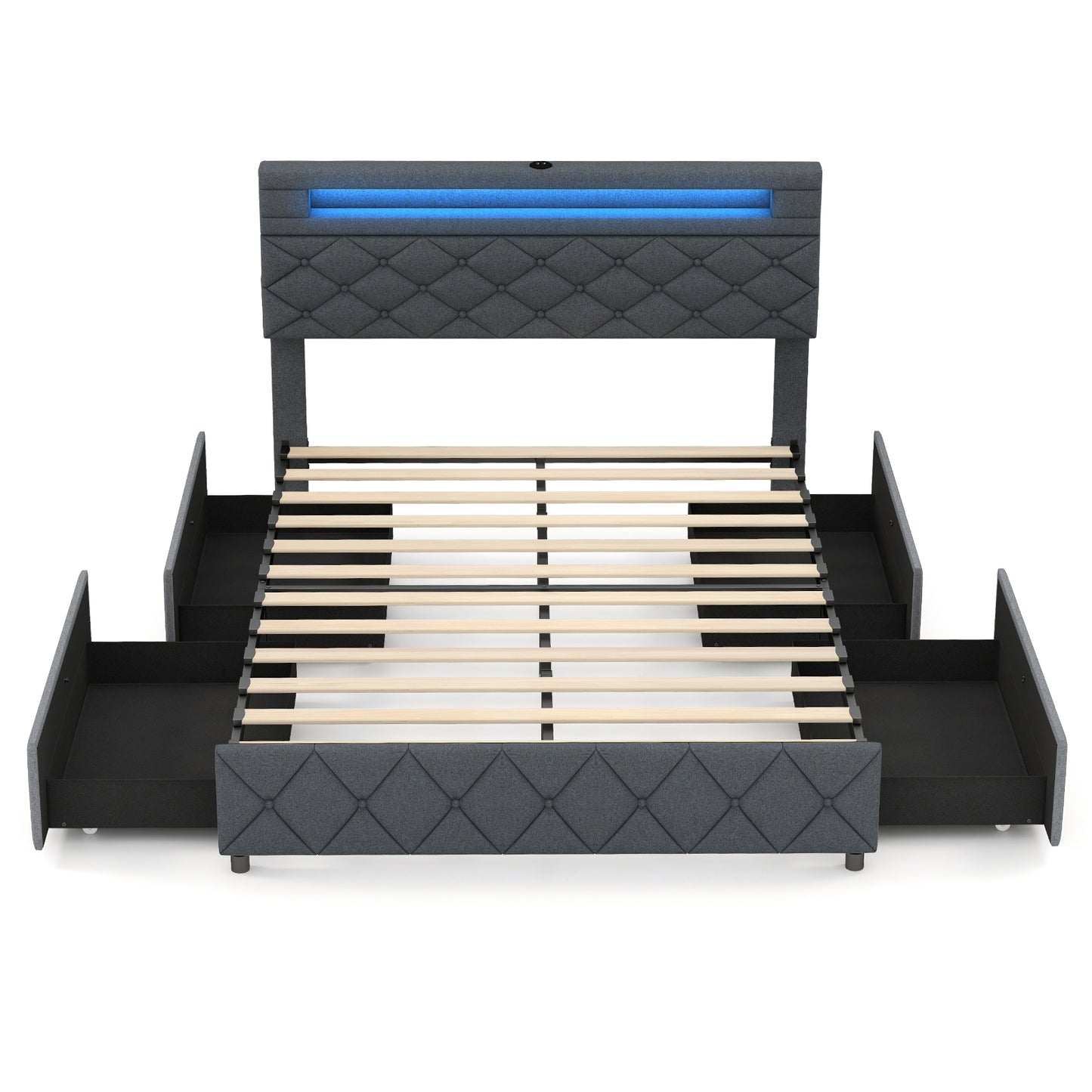 Modern Upholstered Bed Frame with LED Headboard Storage and Wood Slat Support - Full & Queen Size