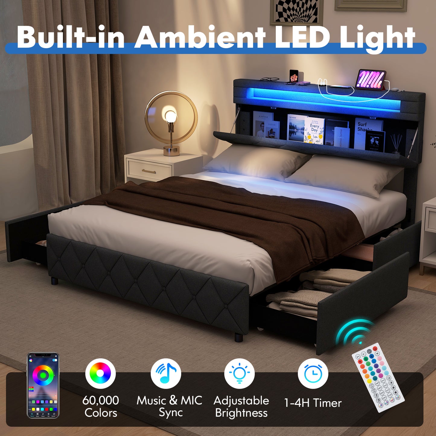 Modern Upholstered Bed Frame with LED Headboard Storage and Wood Slat Support - Full & Queen Size
