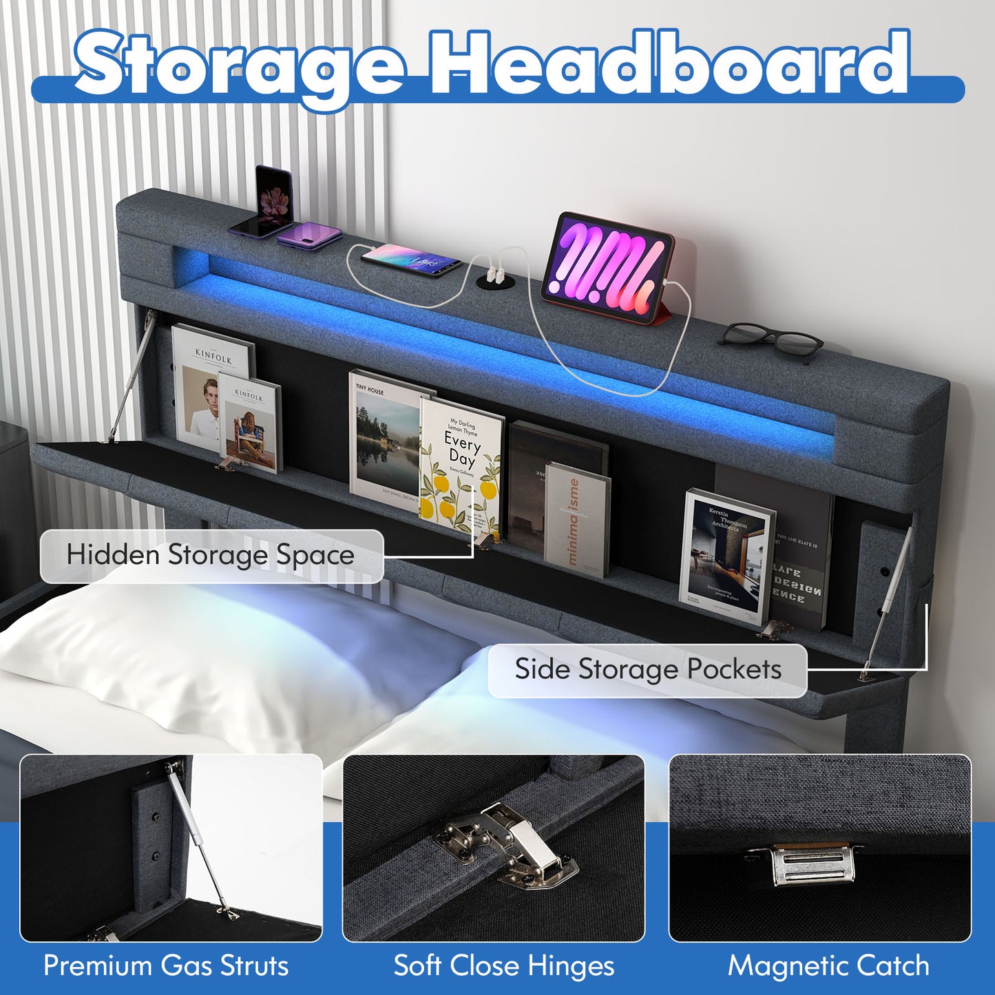 Modern Upholstered Bed Frame with LED Headboard Storage and Wood Slat Support - Full & Queen Size