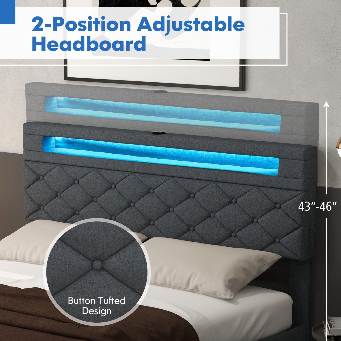 Modern Upholstered Bed Frame with LED Headboard Storage and Wood Slat Support - Full & Queen Size