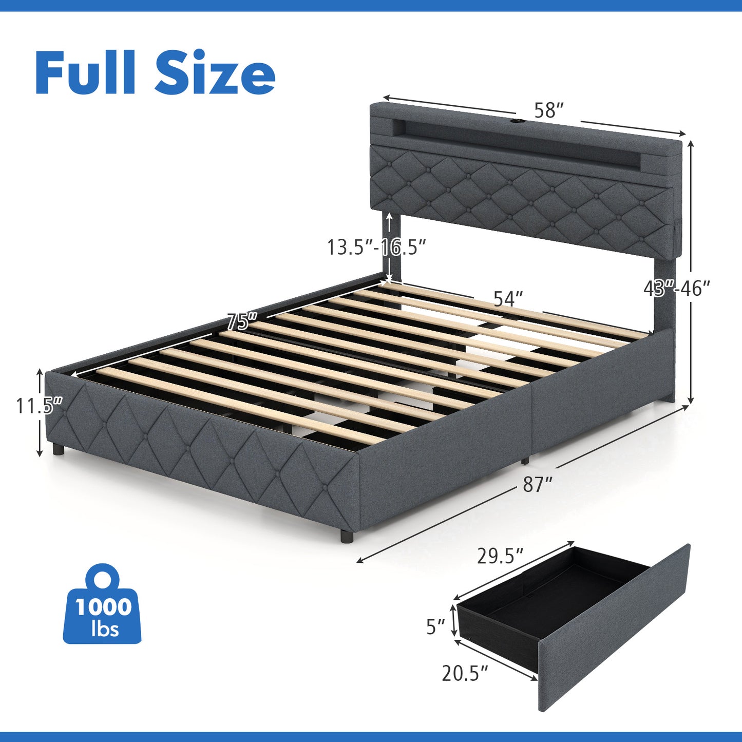 Modern Upholstered Bed Frame with LED Headboard Storage and Wood Slat Support - Full & Queen Size
