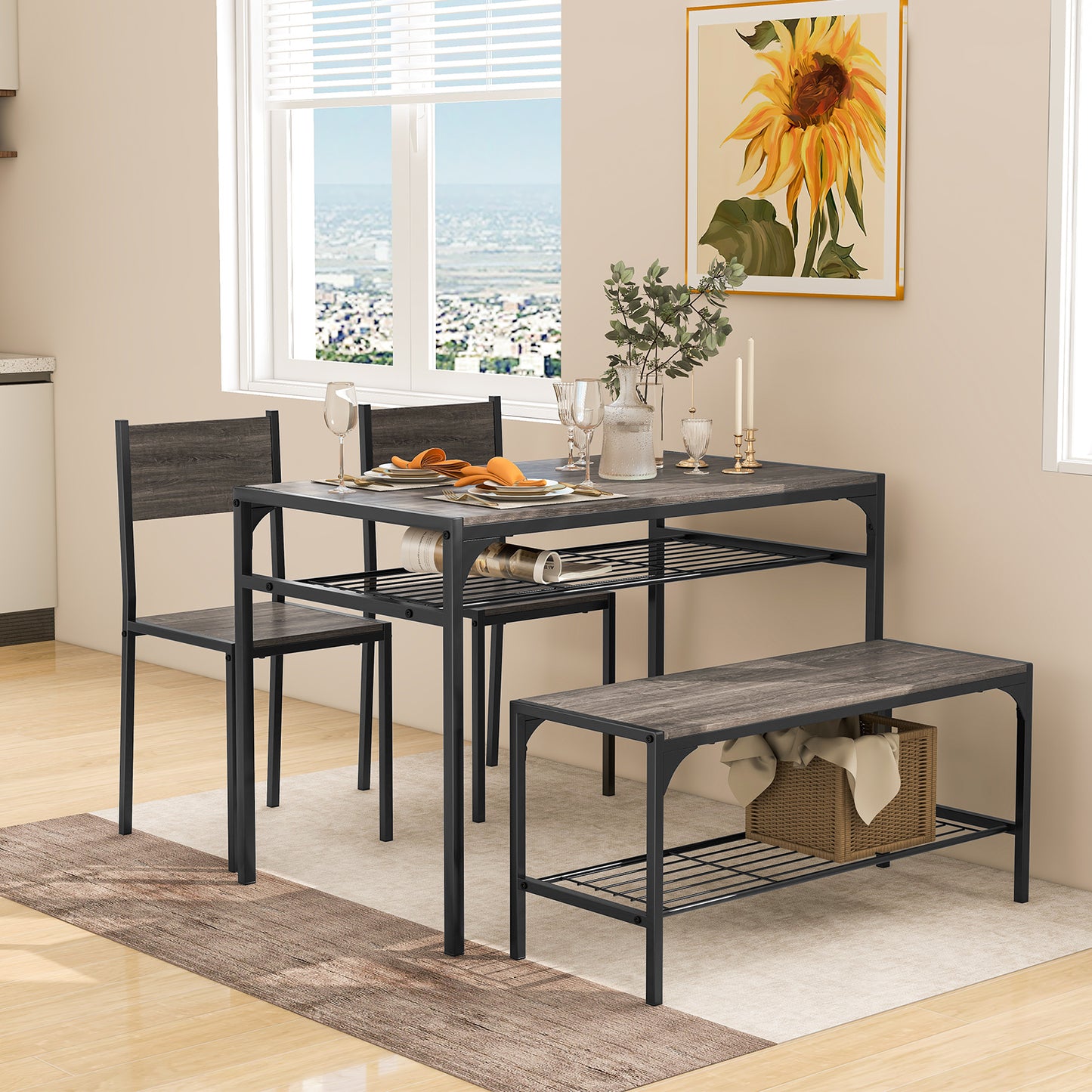 4-Piece Industrial Dining Set with Table Bench and Chairs Grey Finish with Storage Shelves