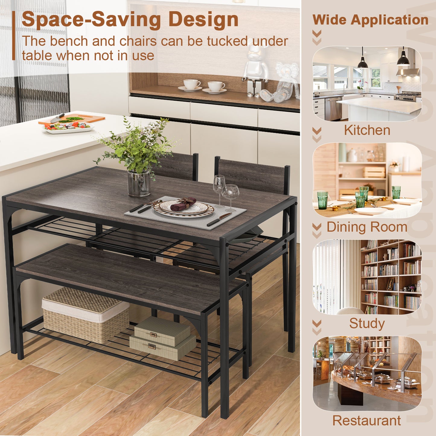 4-Piece Industrial Dining Set with Table Bench and Chairs Grey Finish with Storage Shelves