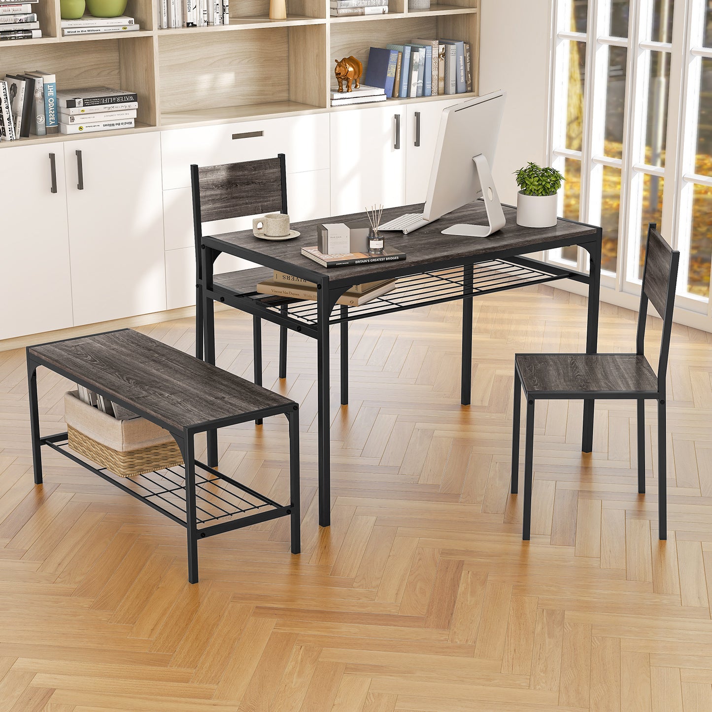 4-Piece Industrial Dining Set with Table Bench and Chairs Grey Finish with Storage Shelves