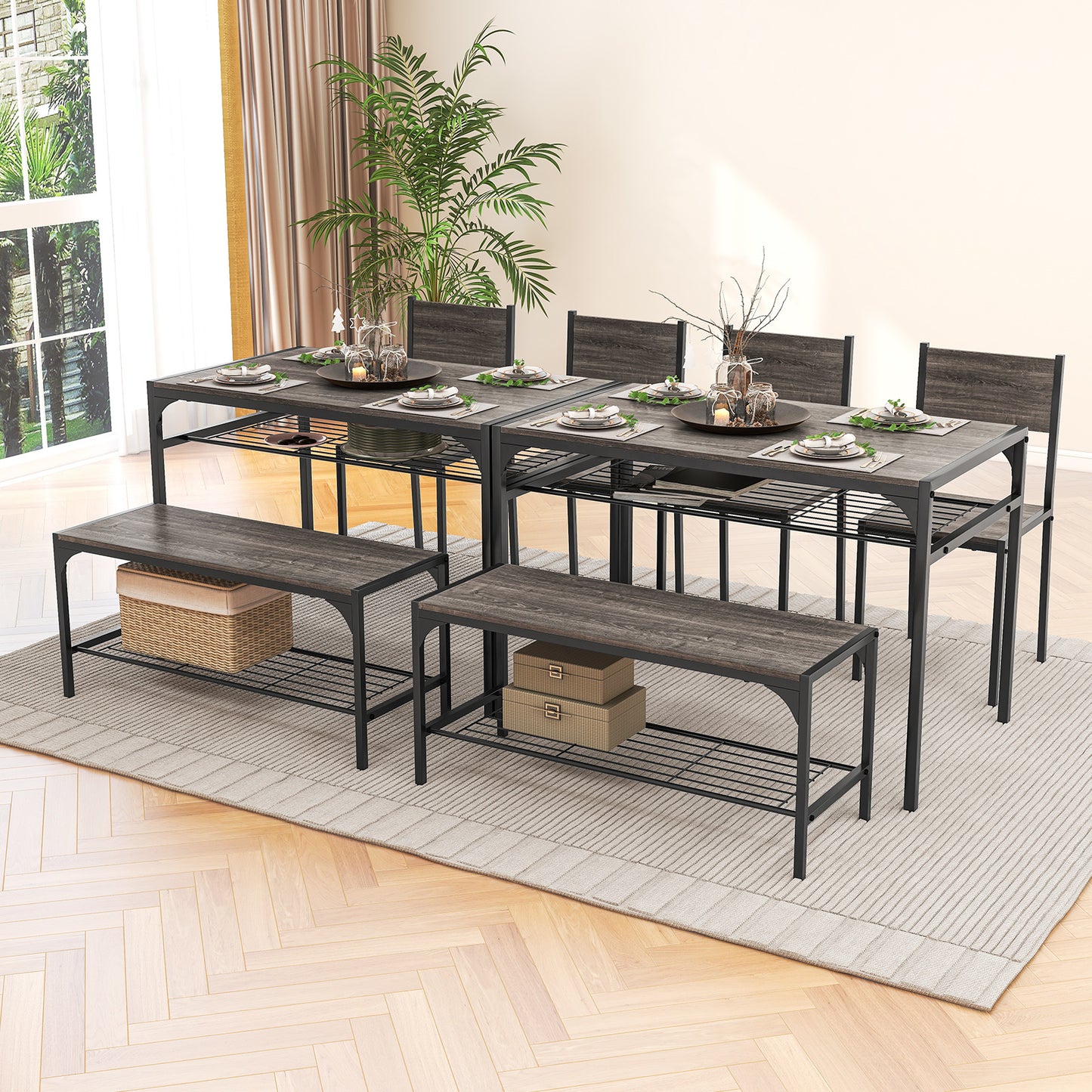 4-Piece Industrial Dining Set with Table Bench and Chairs Grey Finish with Storage Shelves