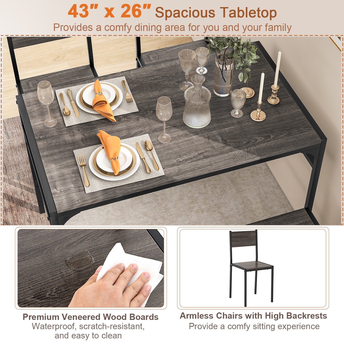4-Piece Industrial Dining Set with Table Bench and Chairs Grey Finish with Storage Shelves