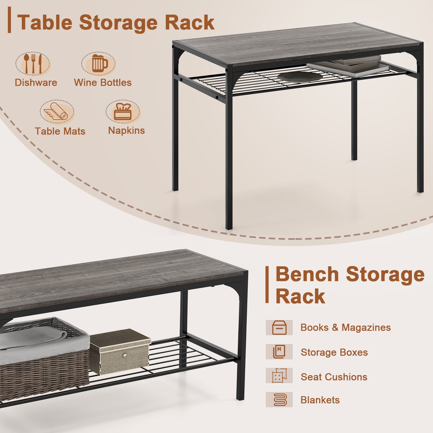 4-Piece Industrial Dining Set with Table Bench and Chairs Grey Finish with Storage Shelves