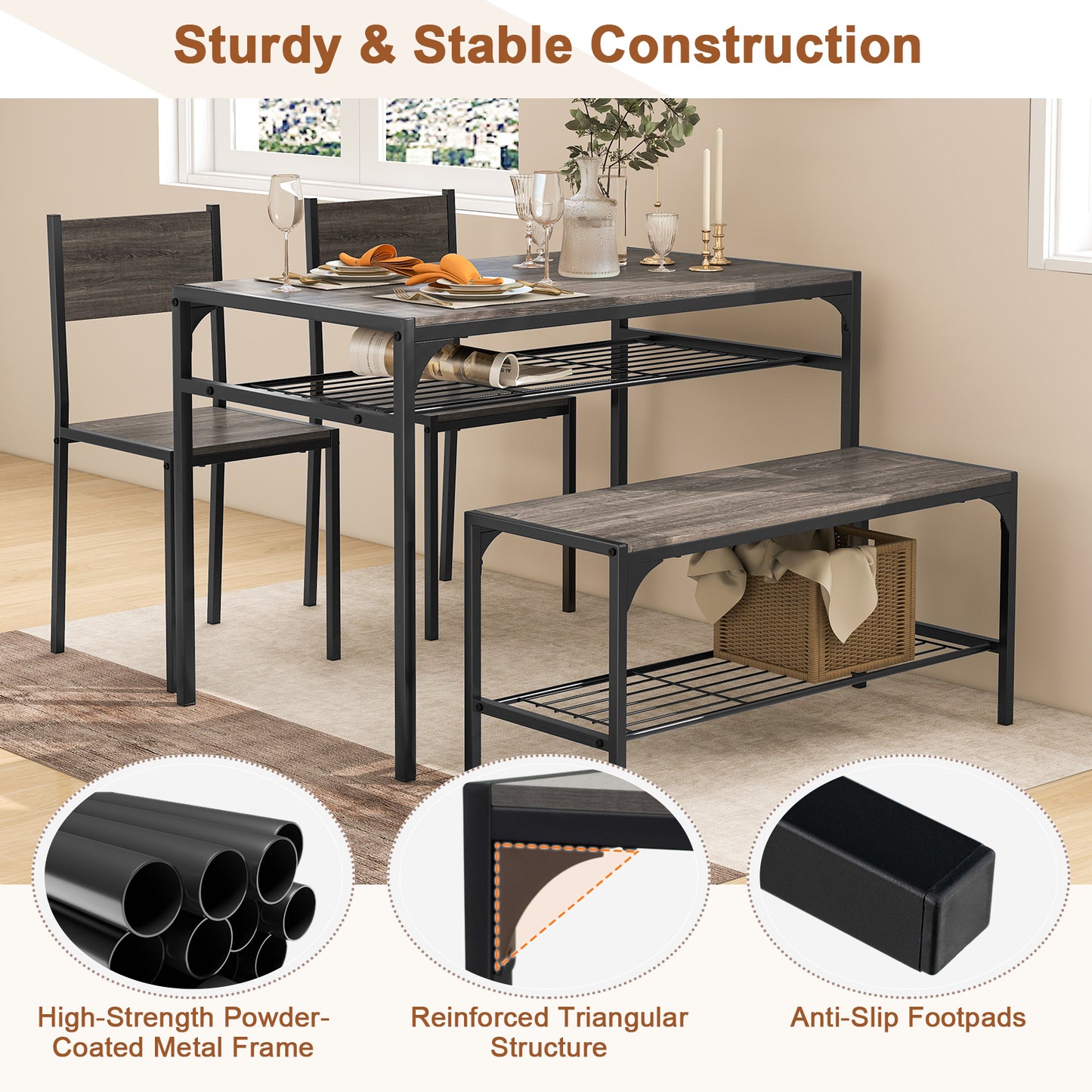 4-Piece Industrial Dining Set with Table Bench and Chairs Grey Finish with Storage Shelves