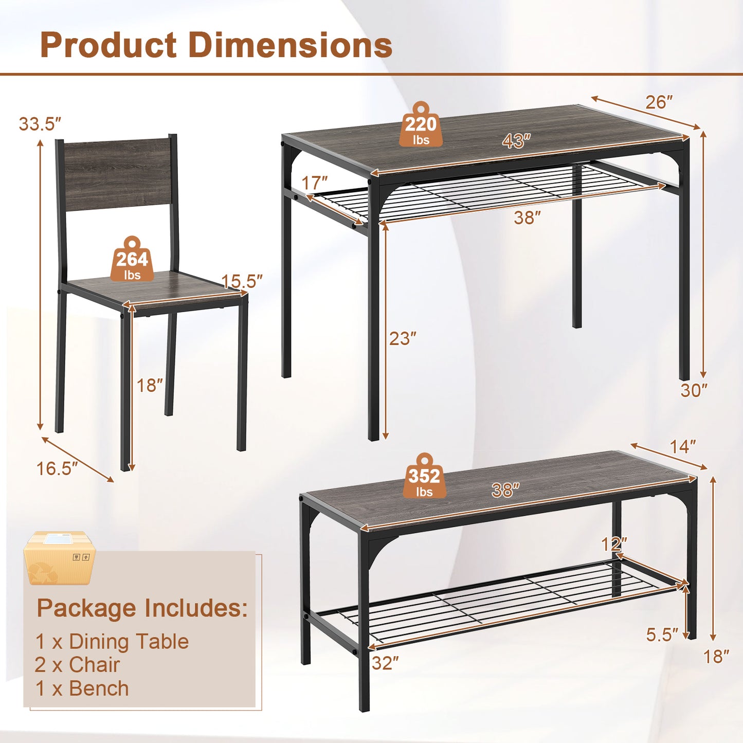 4-Piece Industrial Dining Set with Table Bench and Chairs Grey Finish with Storage Shelves