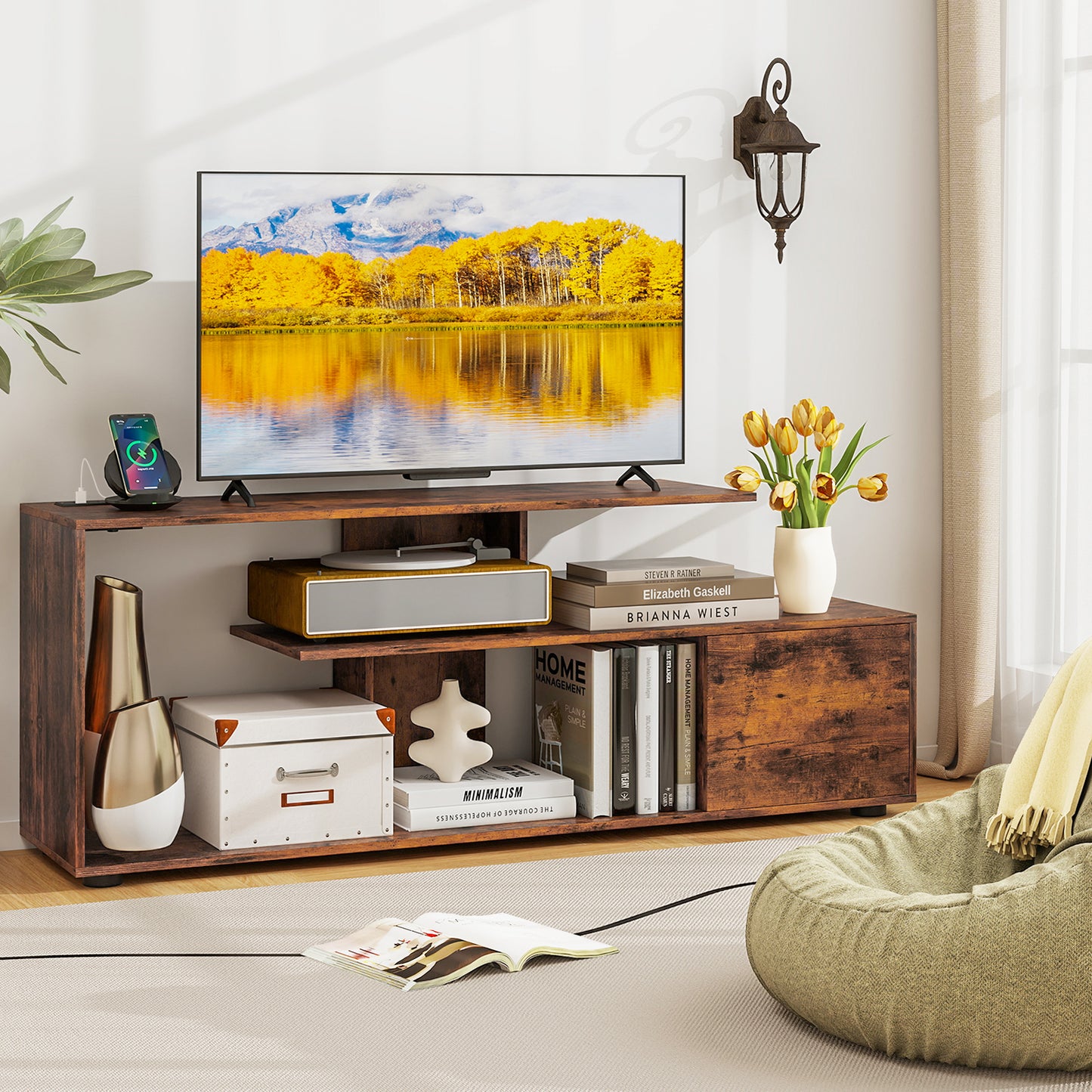 60 Inch Entertainment Center TV Stand with Built-in Power Outlet Supports TVs up to 55 Inches