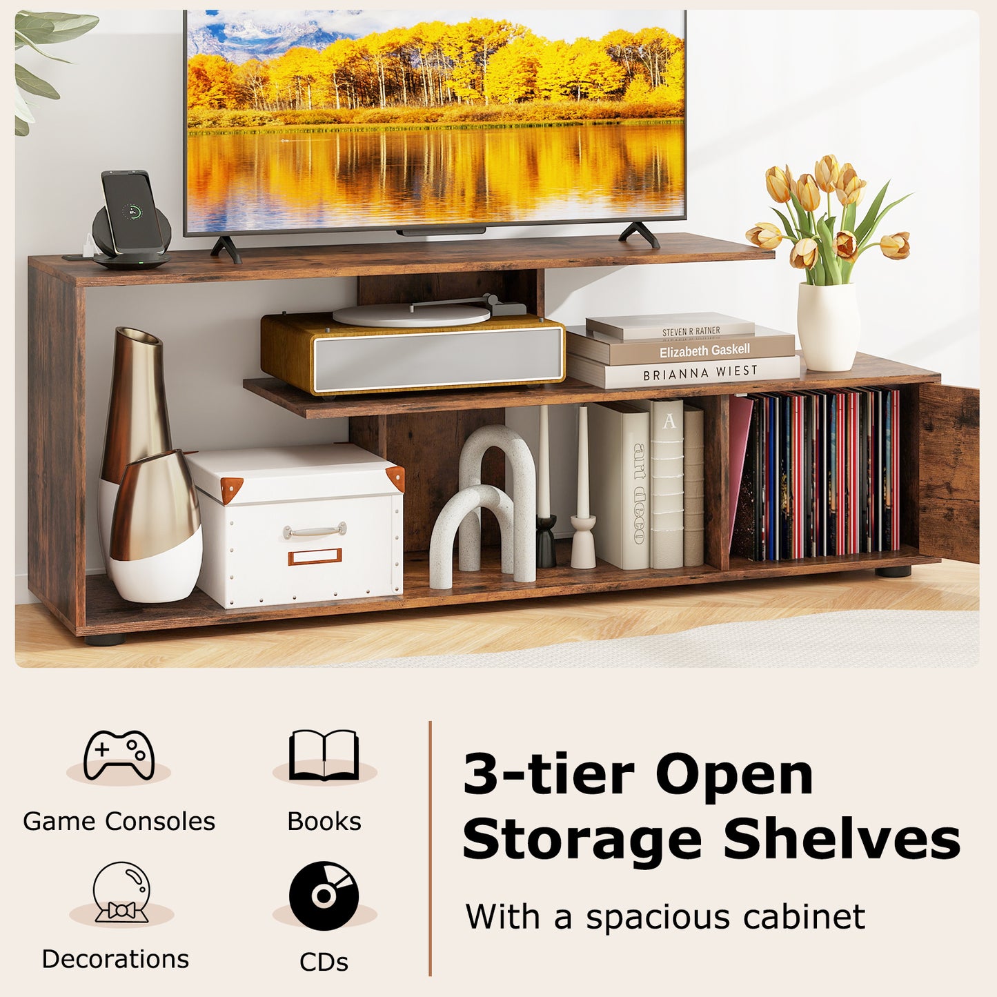 60 Inch Entertainment Center TV Stand with Built-in Power Outlet Supports TVs up to 55 Inches