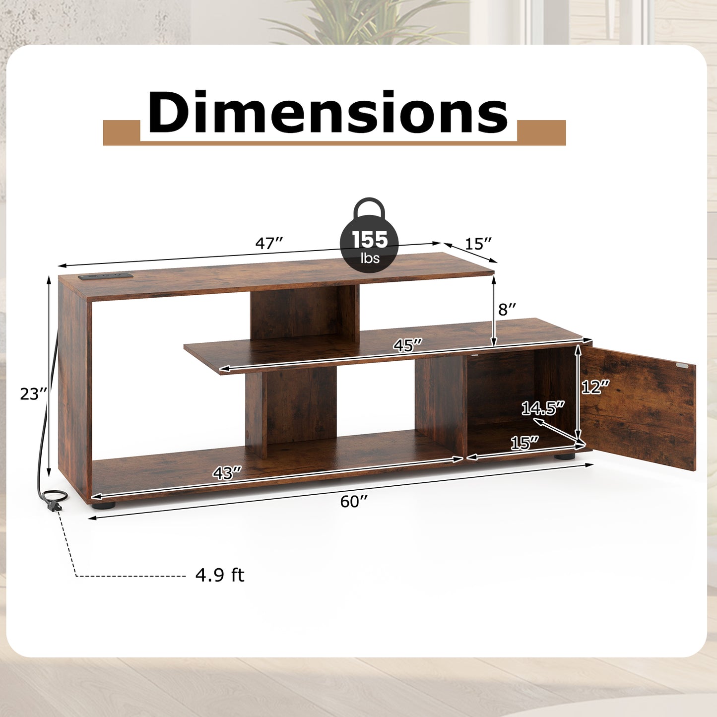 60 Inch Entertainment Center TV Stand with Built-in Power Outlet Supports TVs up to 55 Inches