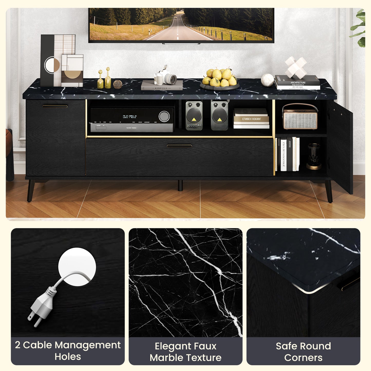 Elegant TV Stand with Faux Marble Top, Flip Down Cabinet and Storage for 55 to 75 Inch TVs