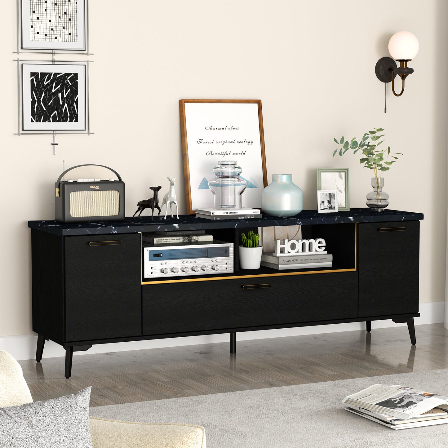 Elegant TV Stand with Faux Marble Top, Flip Down Cabinet and Storage for 55 to 75 Inch TVs