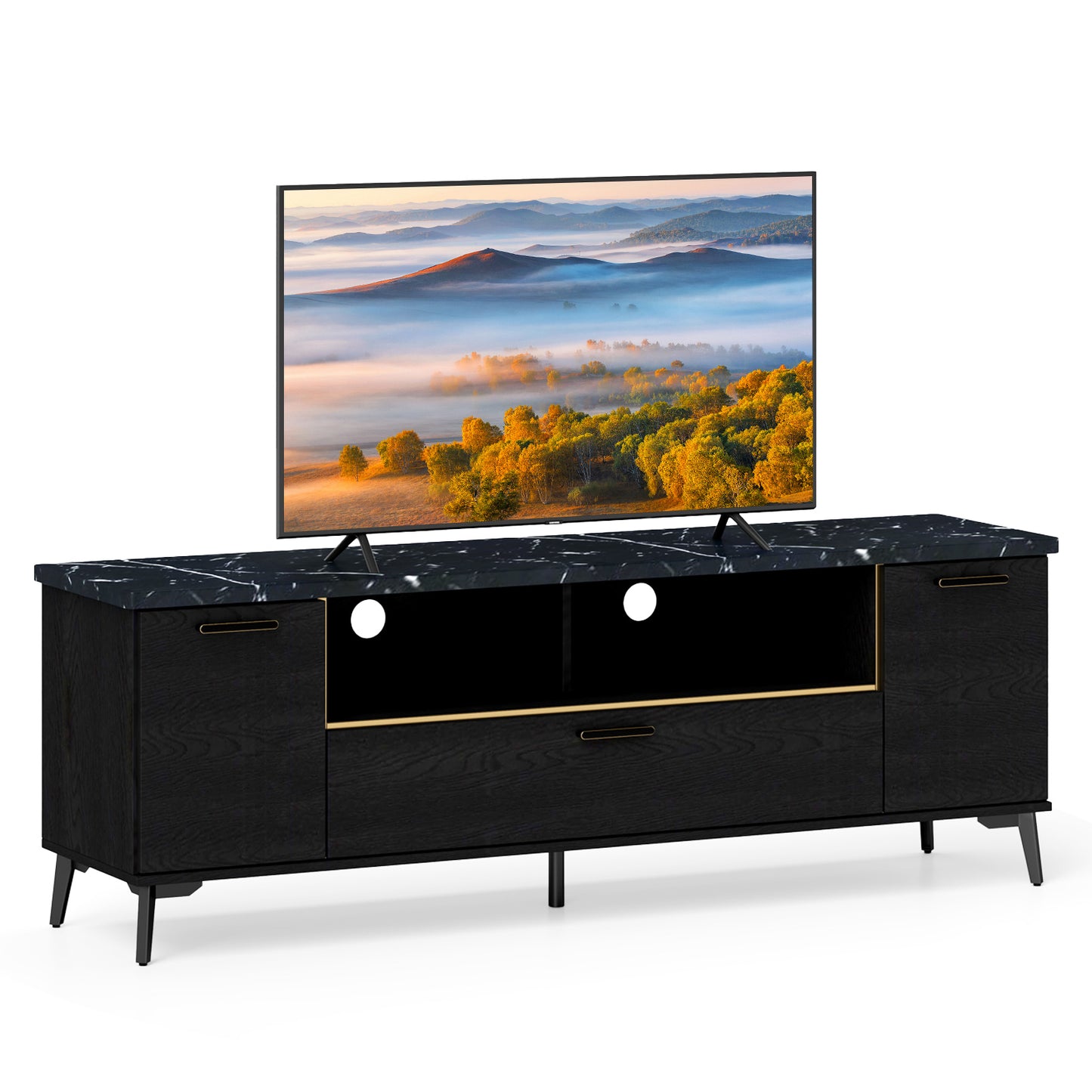 Elegant TV Stand with Faux Marble Top, Flip Down Cabinet and Storage for 55 to 75 Inch TVs