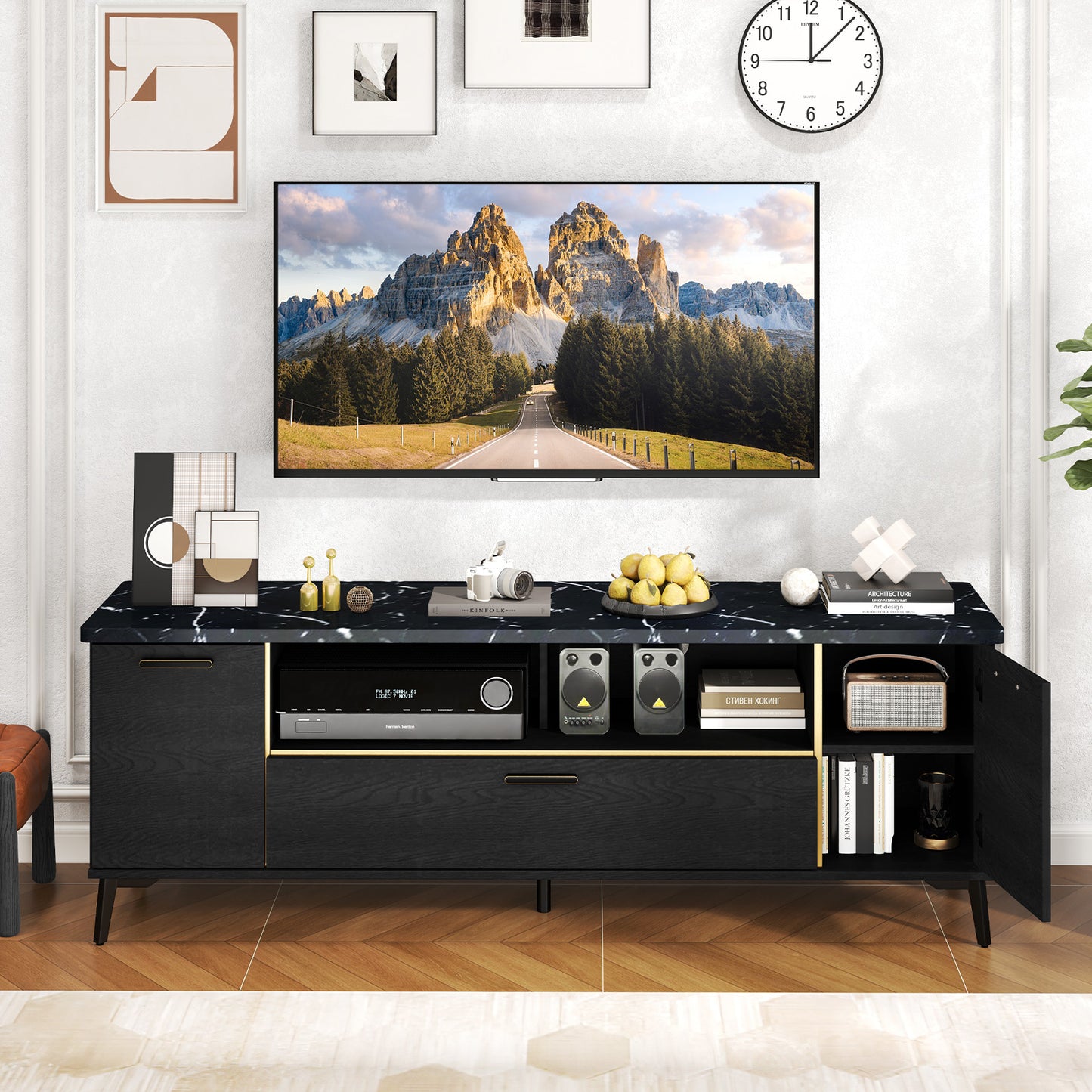 Elegant TV Stand with Faux Marble Top, Flip Down Cabinet and Storage for 55 to 75 Inch TVs