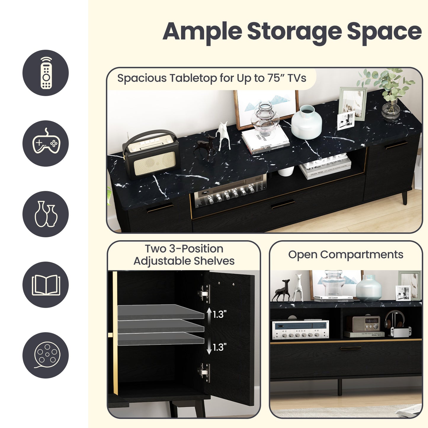 Elegant TV Stand with Faux Marble Top, Flip Down Cabinet and Storage for 55 to 75 Inch TVs