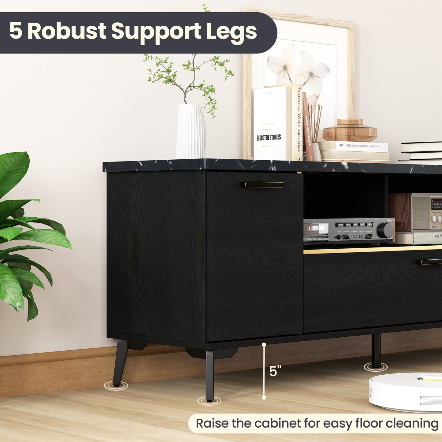 Elegant TV Stand with Faux Marble Top, Flip Down Cabinet and Storage for 55 to 75 Inch TVs