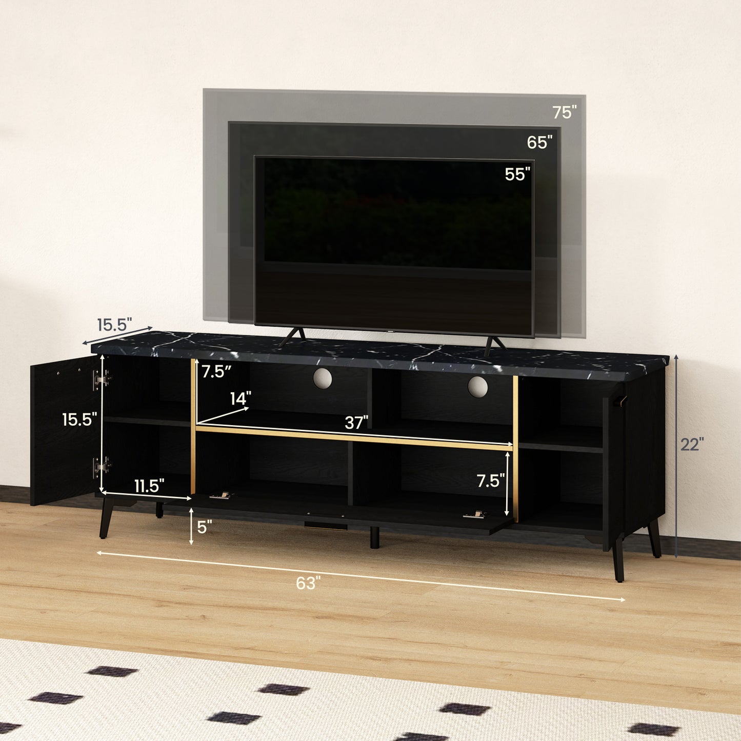 Elegant TV Stand with Faux Marble Top, Flip Down Cabinet and Storage for 55 to 75 Inch TVs