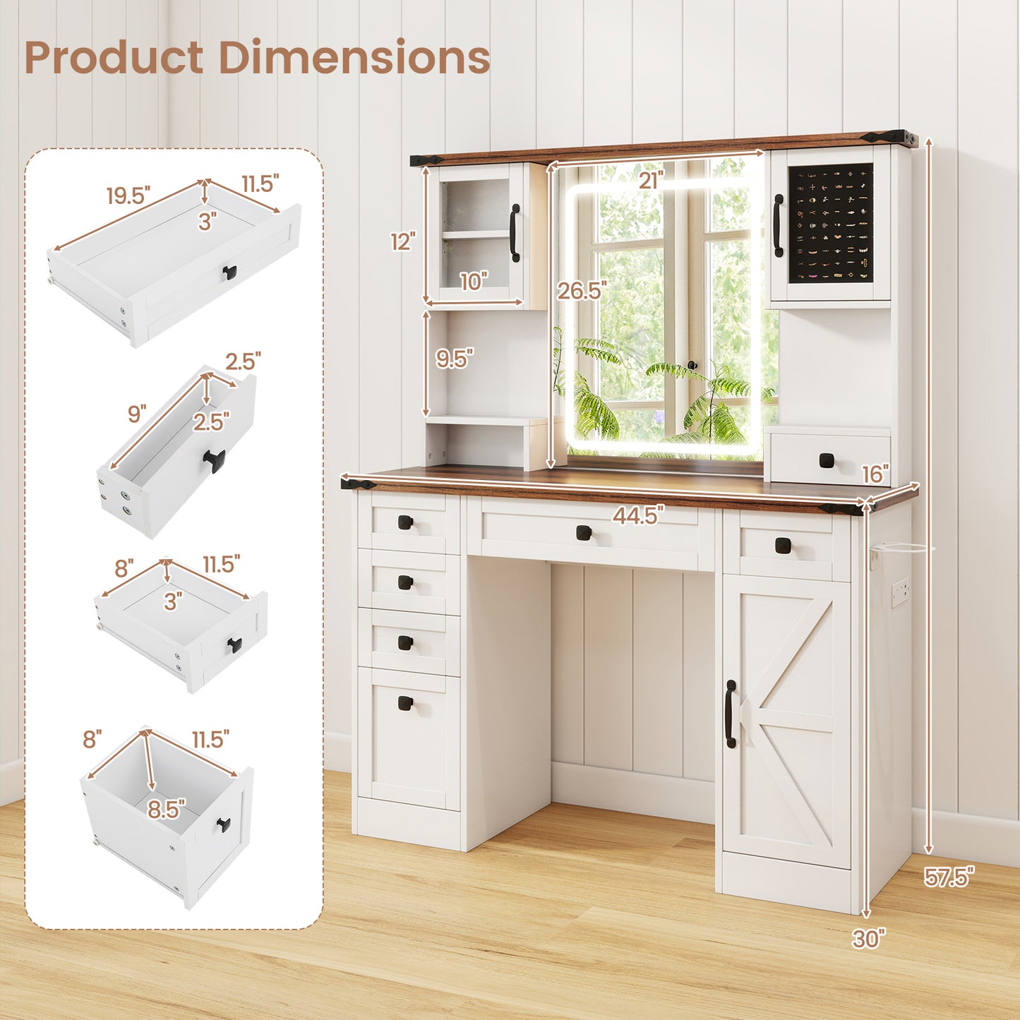Farmhouse Vanity Table with LED Mirror, Storage Drawers and Cabinets
