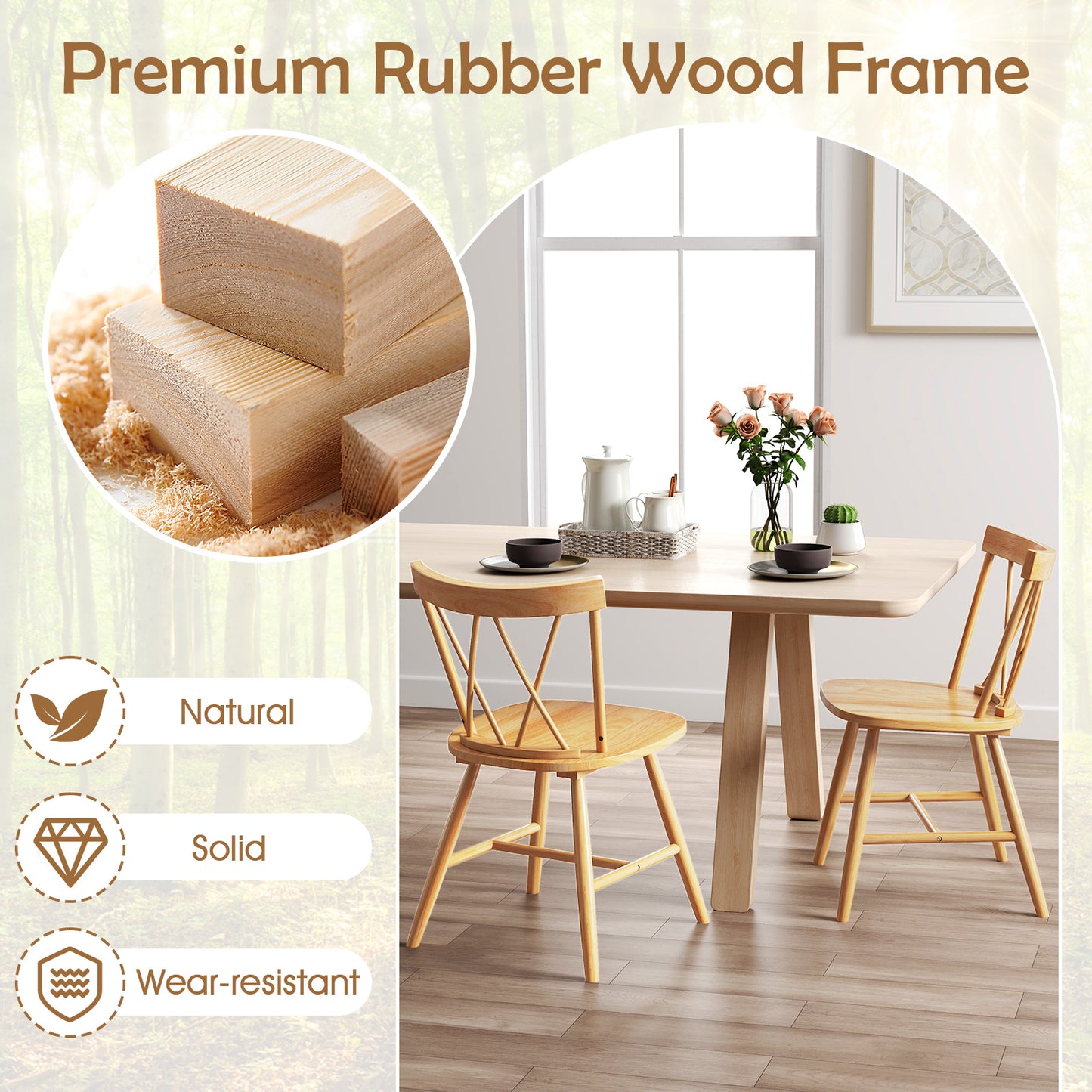 Farmhouse Dining Chairs with Solid Rubber Wood Frame Set of 2 Natural