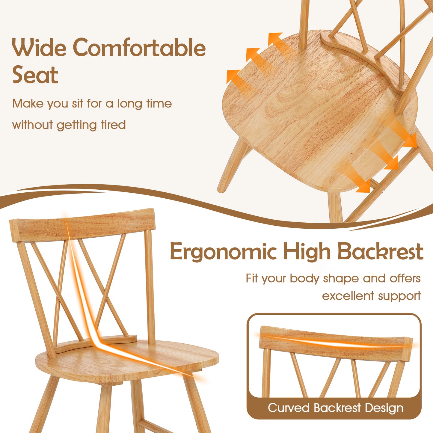 Farmhouse Dining Chairs with Solid Rubber Wood Frame Set of 2 Natural