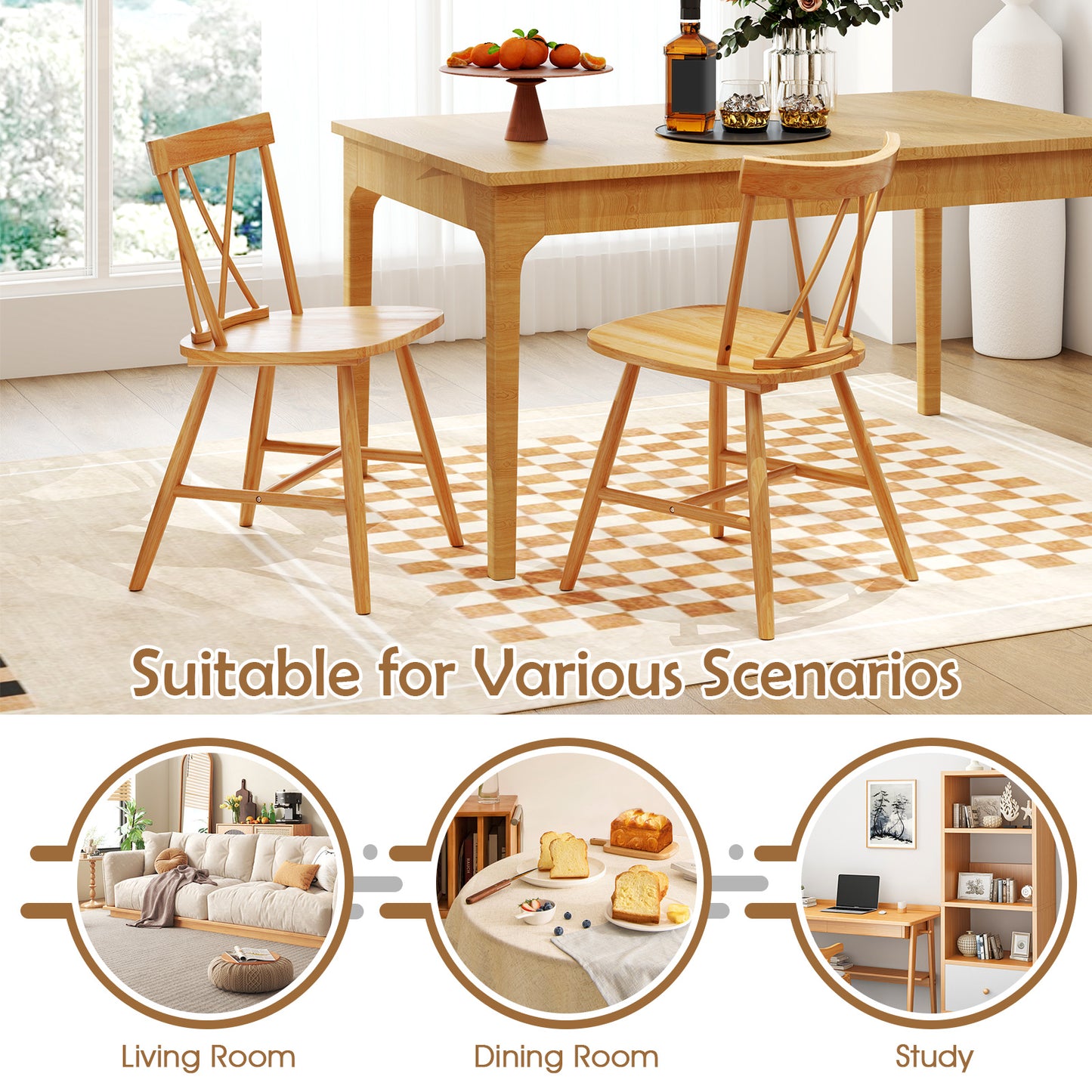 Farmhouse Dining Chairs with Solid Rubber Wood Frame Set of 2 Natural