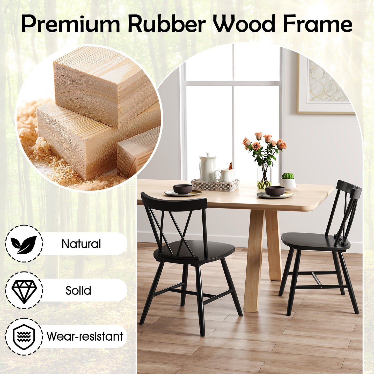 Farmhouse Dining Chairs with Solid Rubber Wood Frame Set of 2 Black