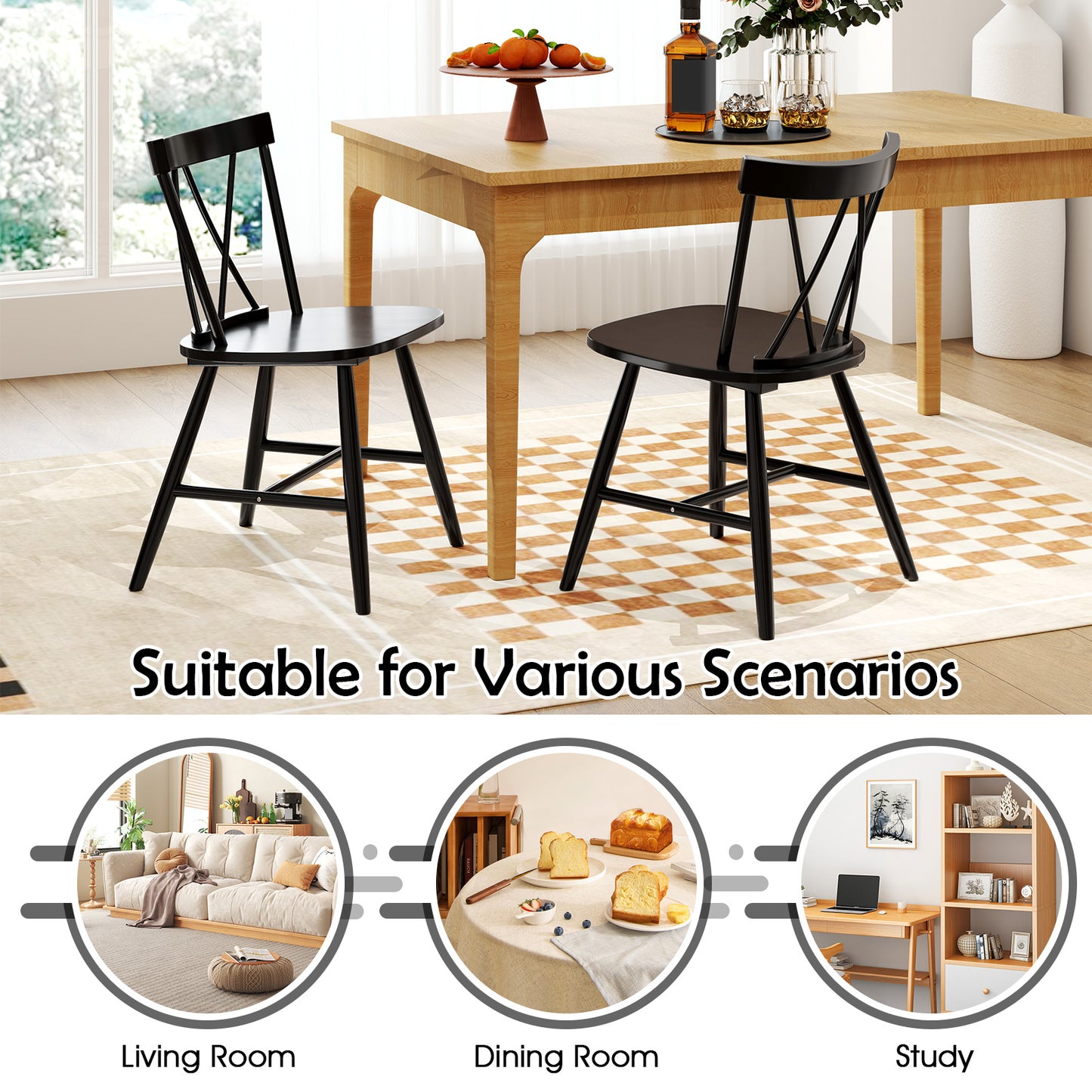 Farmhouse Dining Chairs with Solid Rubber Wood Frame Set of 2 Black