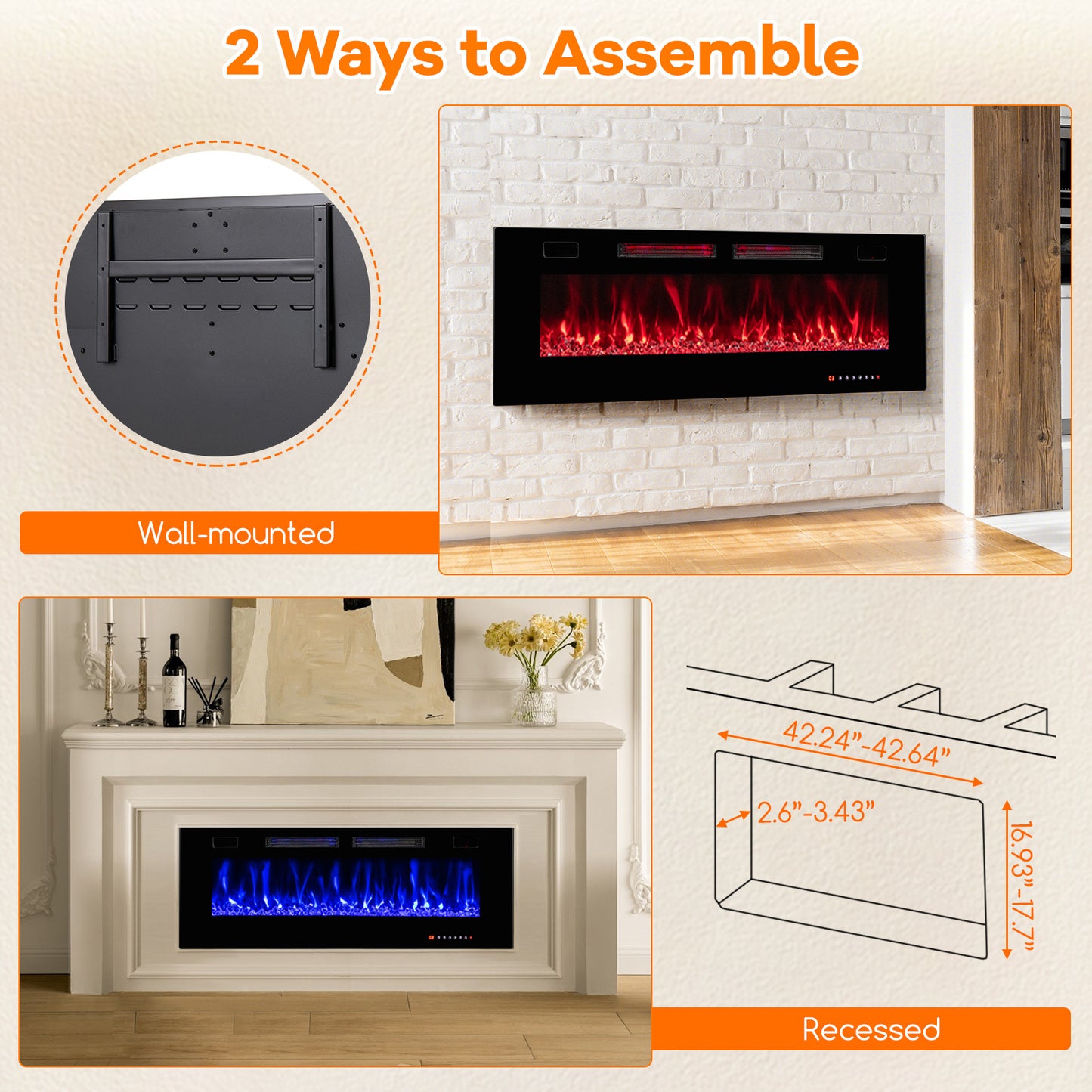 50/60/72 Inch Ultra-Thin Electric Fireplace with Decorative Crystals & Smart App Control