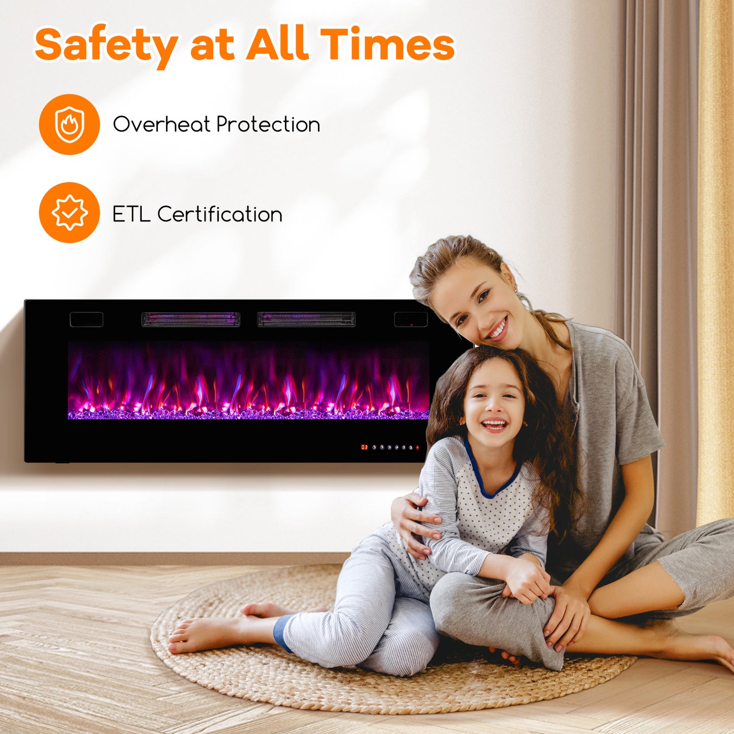 50/60/72 Inch Ultra-Thin Electric Fireplace with Decorative Crystals & Smart App Control