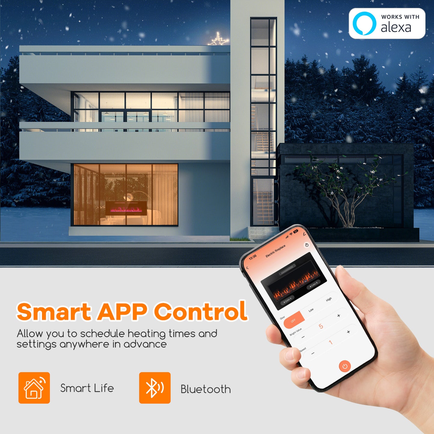 50/60/72 Inch Ultra-Thin Electric Fireplace with Decorative Crystals & Smart App Control