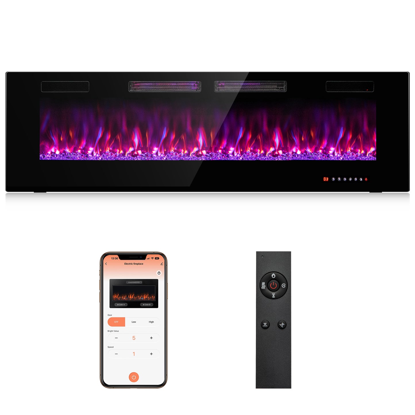 50/60/72 Inch Ultra-Thin Electric Fireplace with Decorative Crystals & Smart App Control