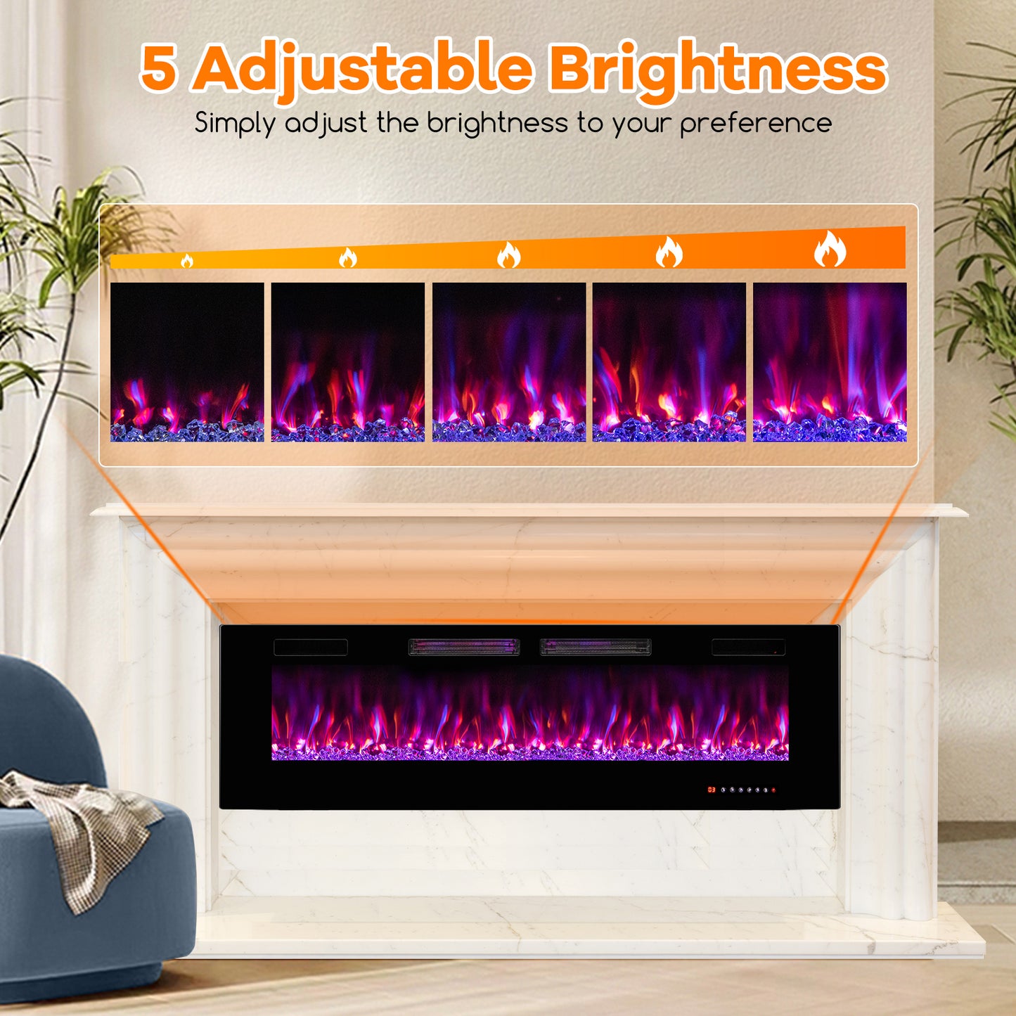50/60/72 Inch Ultra-Thin Electric Fireplace with Decorative Crystals & Smart App Control