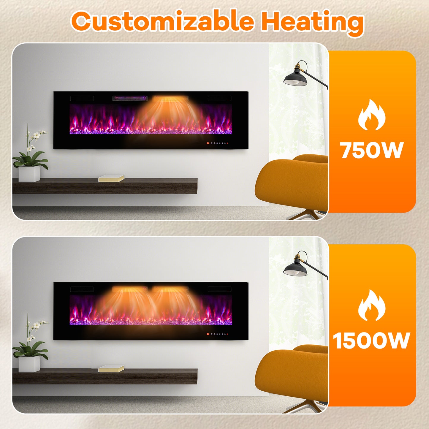 50/60/72 Inch Ultra-Thin Electric Fireplace with Decorative Crystals & Smart App Control
