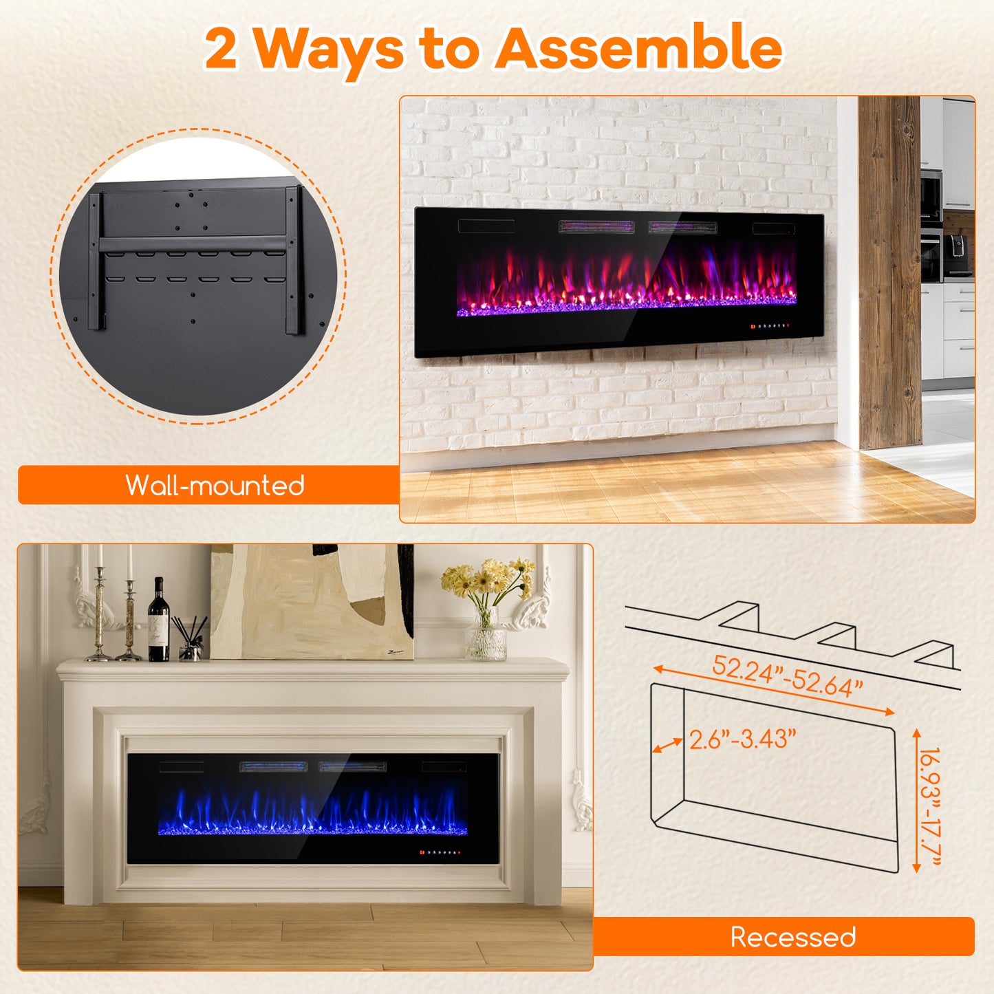 50/60/72 Inch Ultra-Thin Electric Fireplace with Decorative Crystals & Smart App Control