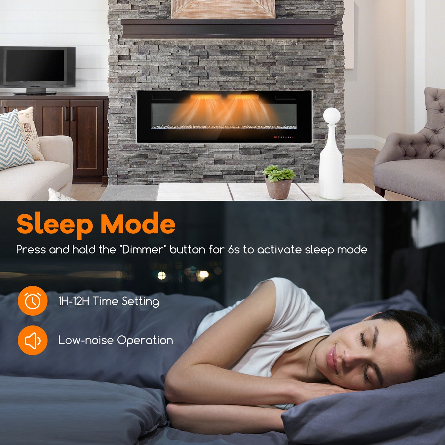 50/60/72 Inch Ultra-Thin Electric Fireplace with Decorative Crystals & Smart App Control