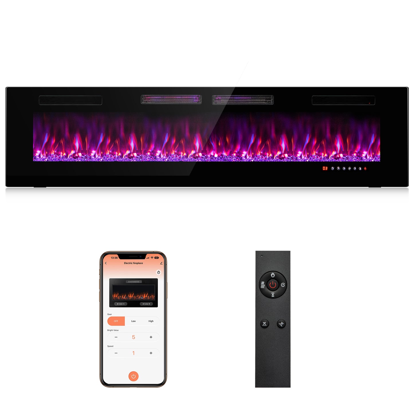 50/60/72 Inch Ultra-Thin Electric Fireplace with Decorative Crystals & Smart App Control