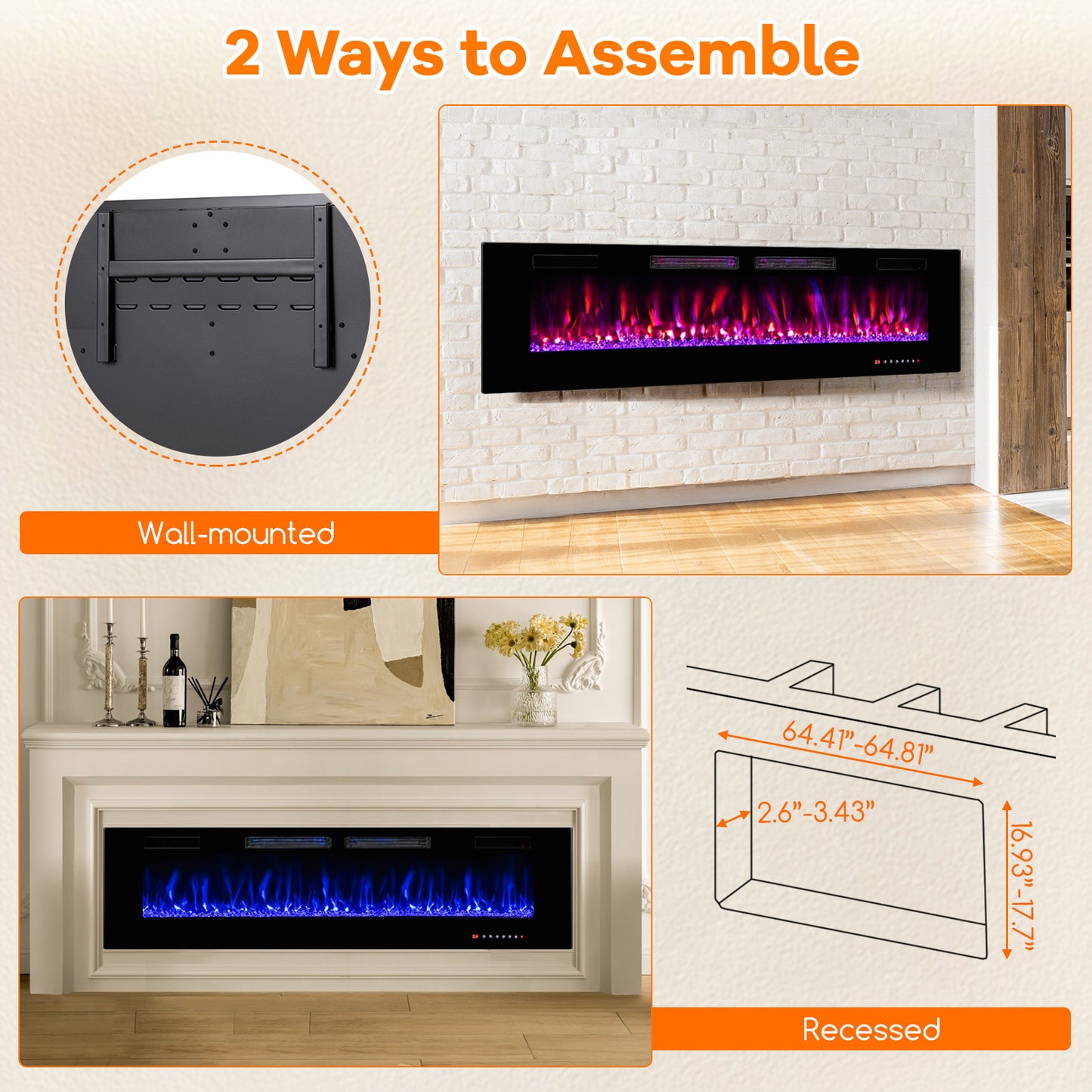 50/60/72 Inch Ultra-Thin Electric Fireplace with Decorative Crystals & Smart App Control