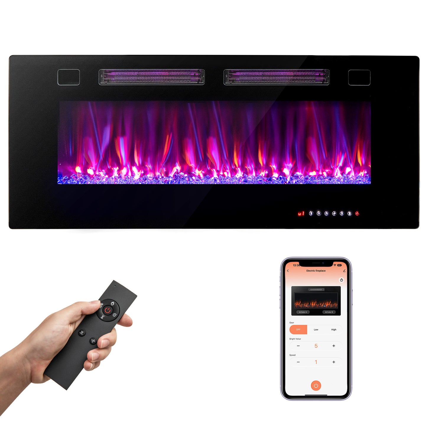 42 Inch Ultra Slim Electric Fireplace with Decorative Crystals & Smart APP Control