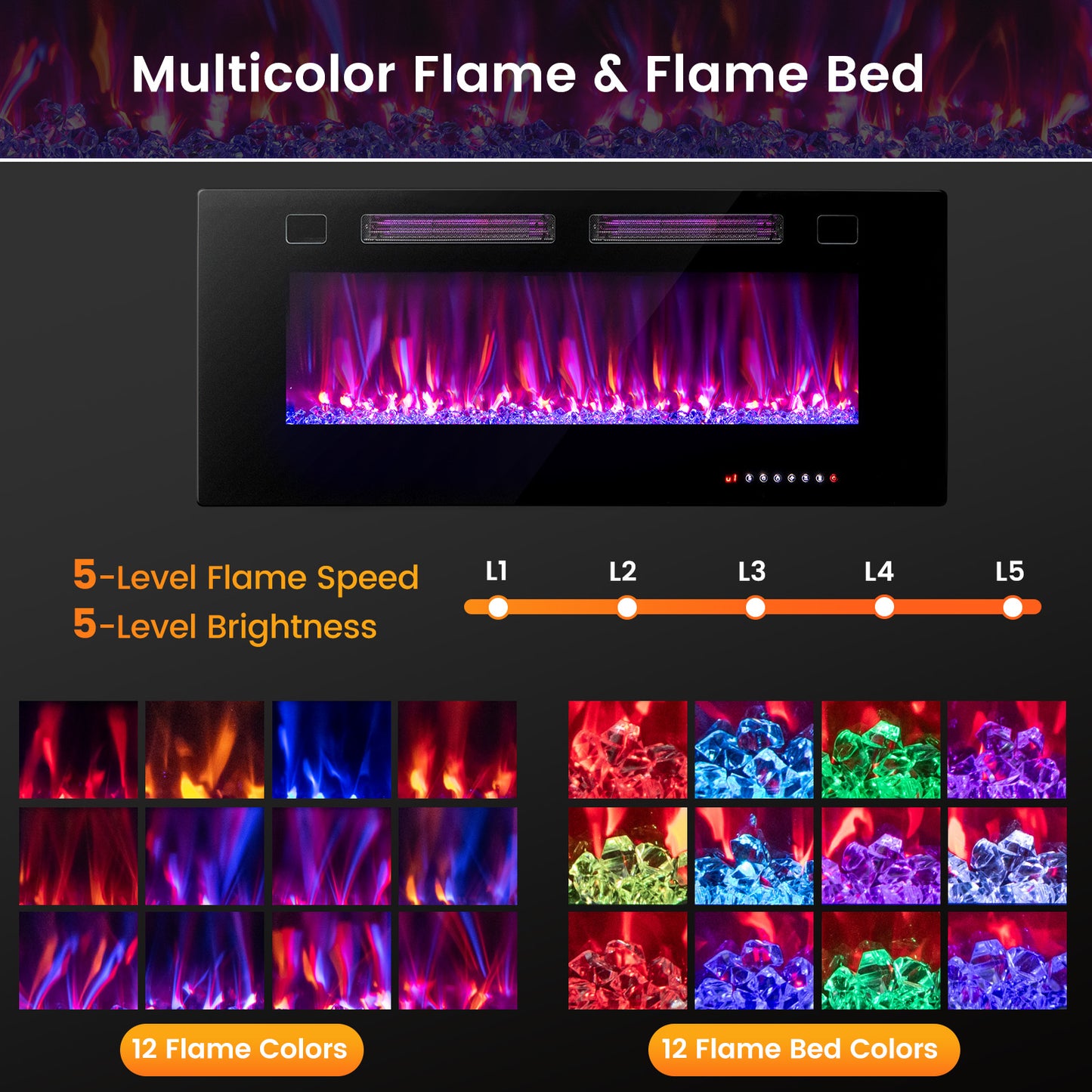 42 Inch Ultra Slim Electric Fireplace with Decorative Crystals & Smart APP Control