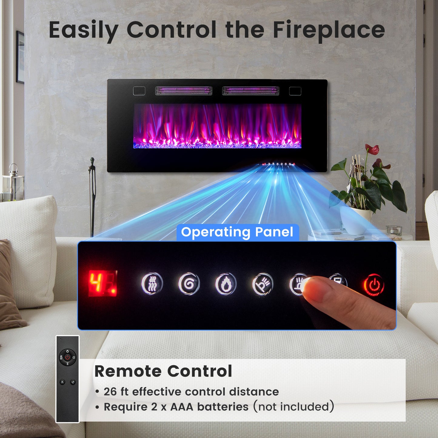 42 Inch Ultra Slim Electric Fireplace with Decorative Crystals & Smart APP Control