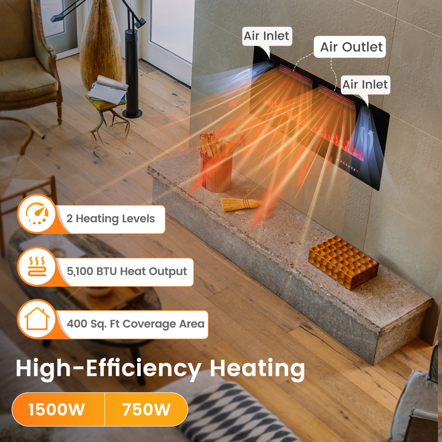 42 Inch Ultra Slim Electric Fireplace with Decorative Crystals & Smart APP Control