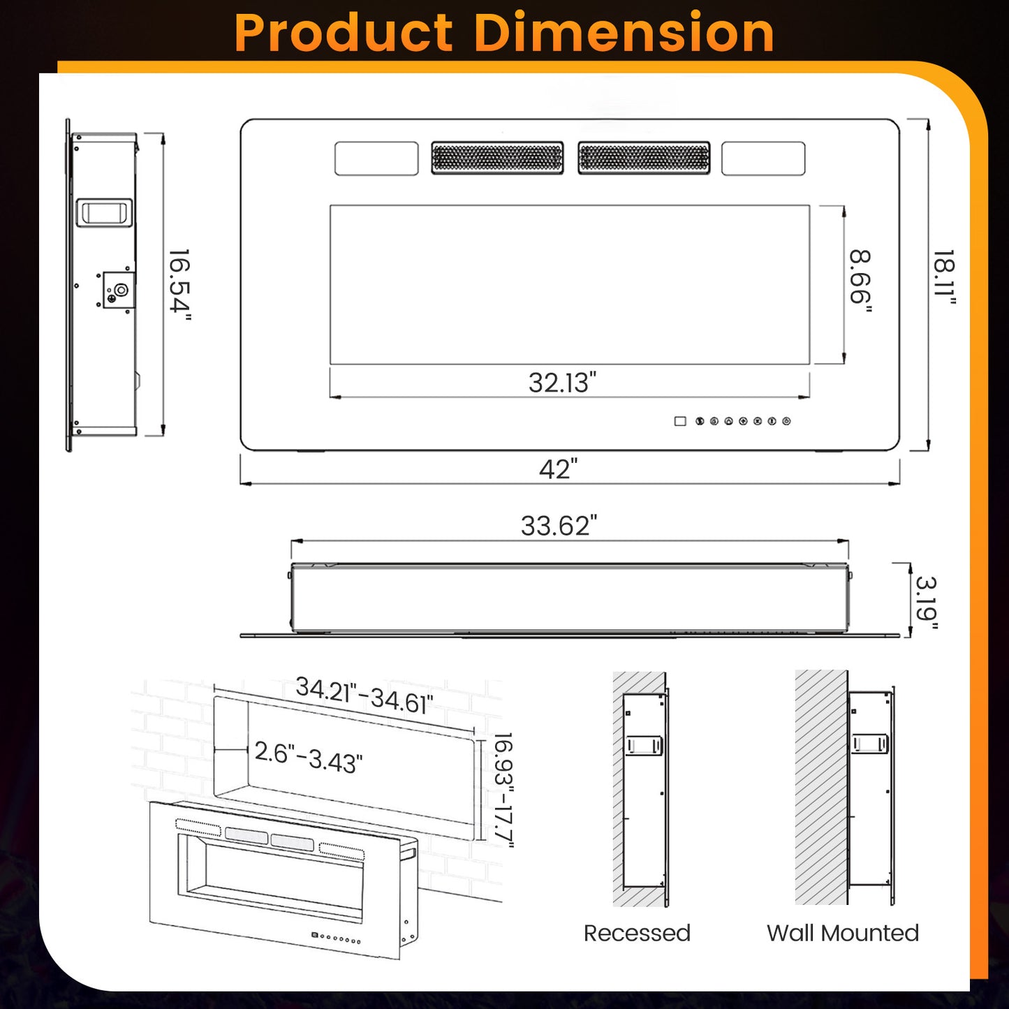 42 Inch Ultra Slim Electric Fireplace with Decorative Crystals & Smart APP Control